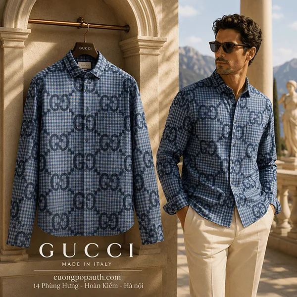 Áo Sơ Mi Nam Gucci Blue Shirt With Multiple Letters 770438 ZAOBM 4061 Màu Xanh Blue Size 50