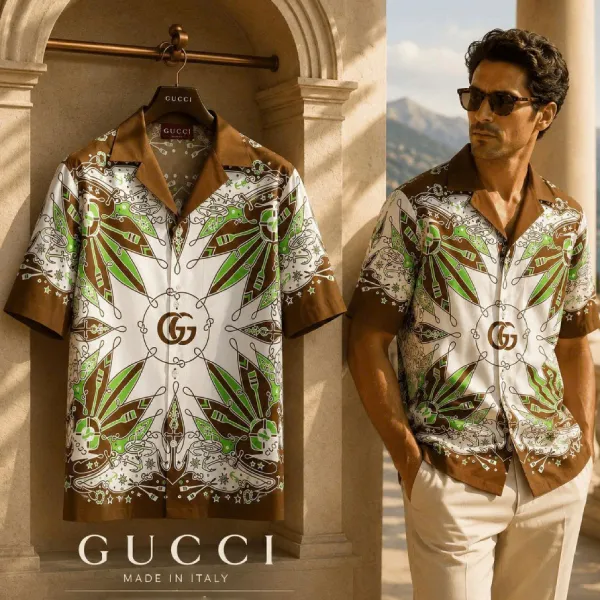 Áo Sơ Mi Nam Gucci Double G Print Shirt With Mixed Patterns 787257 ZAQPD 9194 Màu Nâu Trắng Size 48