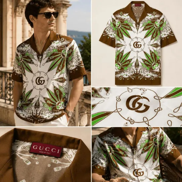 Áo Sơ Mi Nam Gucci Double G Print Shirt With Mixed Patterns 787257 ZAQPD 9194 Màu Nâu Trắng Size 48