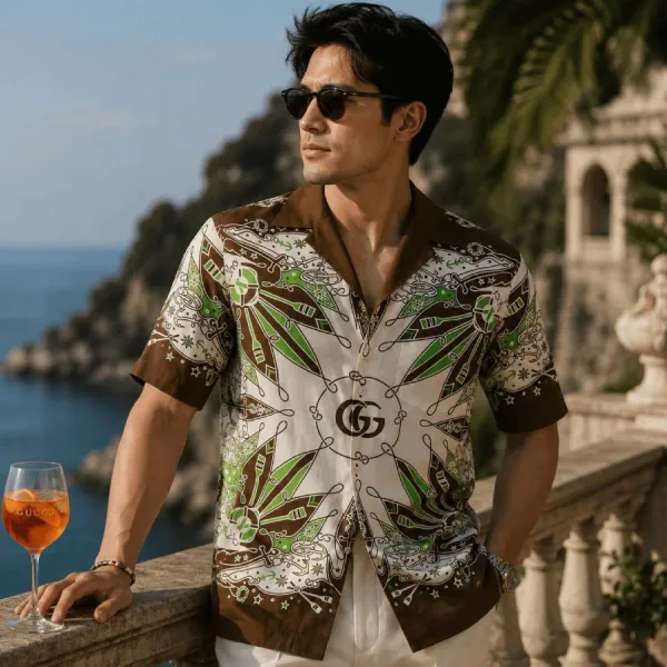 Áo Sơ Mi Nam Gucci Double G Print Shirt With Mixed Patterns 787257 ZAQPD 9194 Màu Nâu Trắng Size 48
