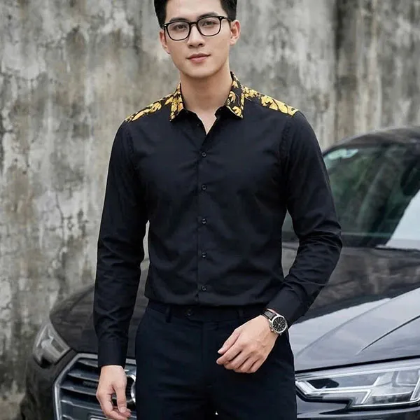 Áo Sơ Mi Nam Versace Jeans Couture Cotton Shirt Black Màu Đen Họa Tiết Size 38