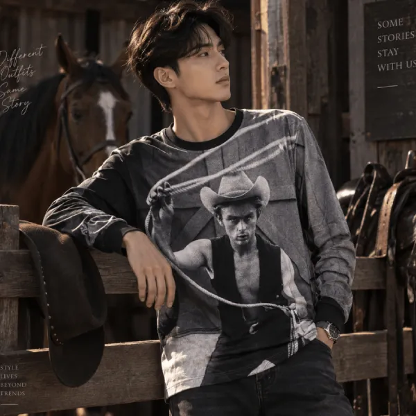 Áo Thun Dài Tay Nam Dolce & Gabbana Long-Sleeve Cowboy G8FP1T FP7M7 HJ163 Màu Đen Size 46