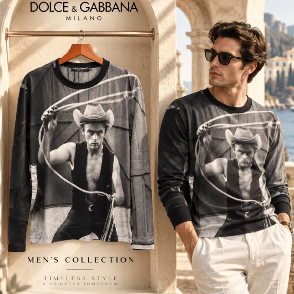 Áo Thun Dài Tay Nam Dolce & Gabbana Long-Sleeve Cowboy G8FP1T FP7M7 HJ163 Màu Đen Size 46