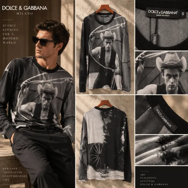 Áo Thun Dài Tay Nam Dolce & Gabbana Long-Sleeve Cowboy G8FP1T FP7M7 HJ163 Màu Đen Size 46