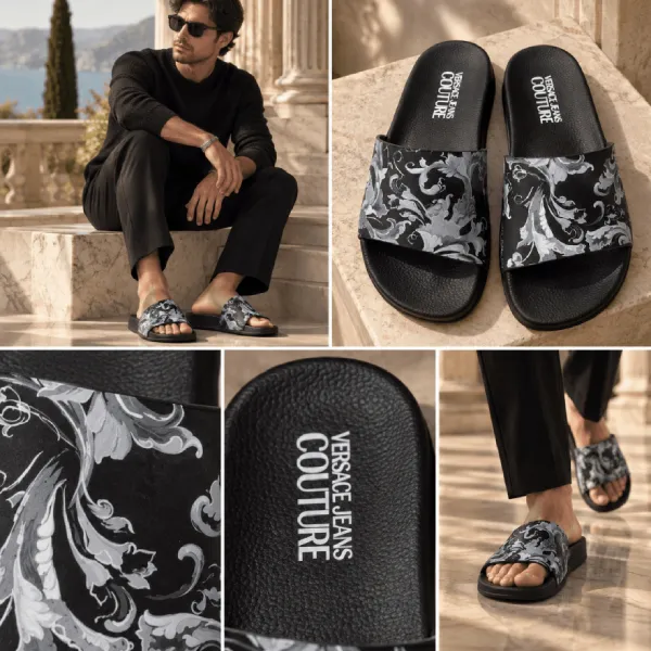Dép Nam Versace Black Slides With Black Pattern 79YA3SQ4 Màu Đen Size 39