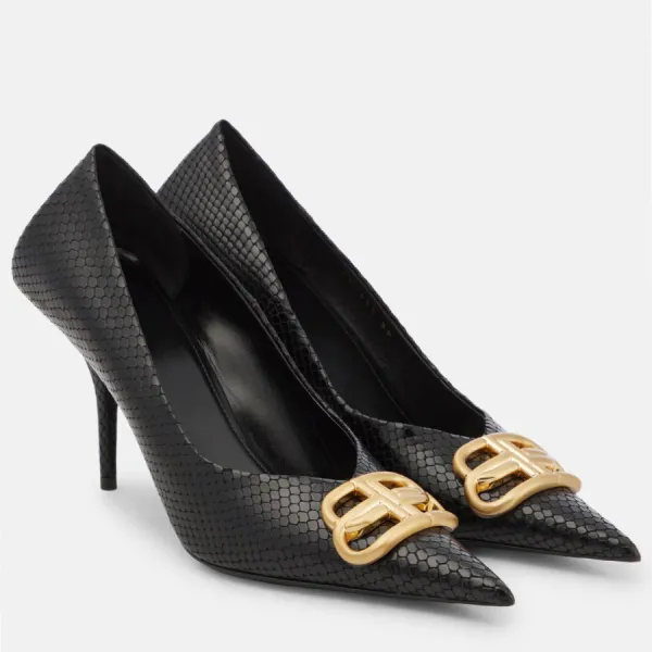 Giày Cao Gót Nữ Balenciaga Square Knife BB Croc-effect Leather Pumps Màu Đen Size 36.5