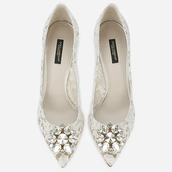 Giày Cao Gót Nữ Dolce & Gabbana D&G Pump In Taormina Lace With Crystals Màu Trắng Size 36.5