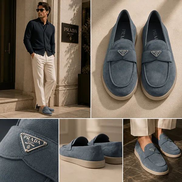 Giày Lười Nam Prada Suede Moccasin Shoes 2DG124FG001103 Màu Xanh Navy Size 42.5