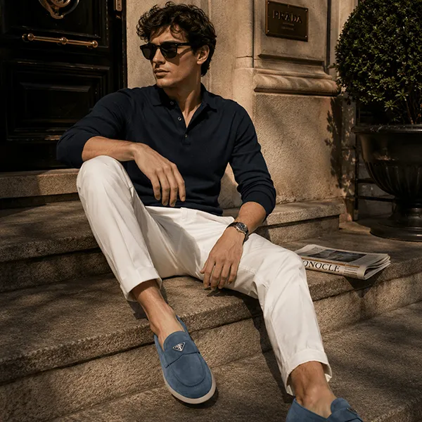 Giày Lười Nam Prada Suede Moccasin Shoes 2DG124FG001103 Màu Xanh Navy Size 42.5
