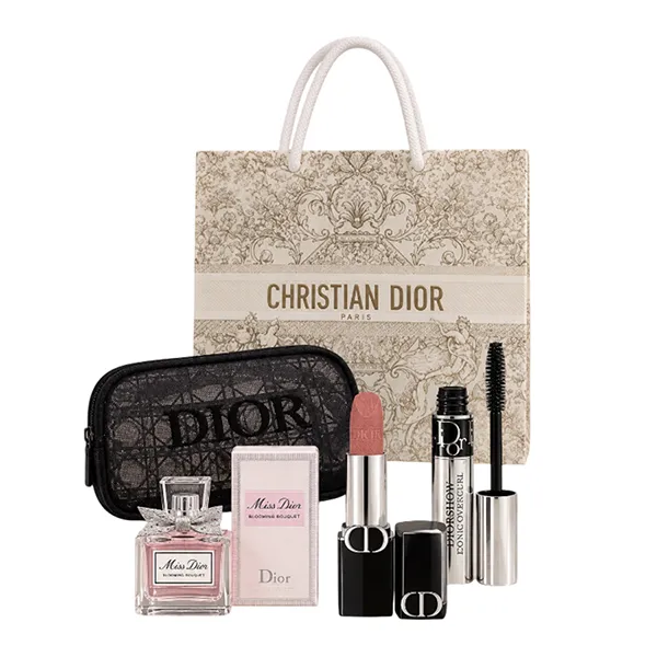 Set Dior 5 Món Mini (Dior Blooming Bouque EDT 5ml + Son Velvet 100 Nude Look + Mascara Diorshow Iconic + Túi + Túi Giấy)