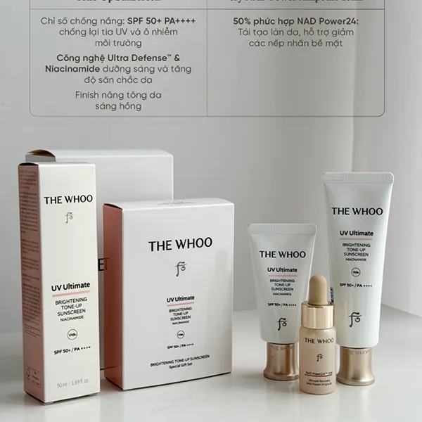Set Kem Chống Nắng Nâng Tông The Whoo UV Ultimate Brightening Tone Up Sunscreen SPF50+PA++++ 3 Món