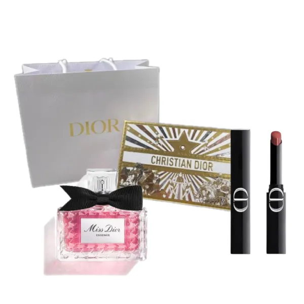 Set Nước Hoa Nữ Dior 4 Món (Miss Dior Essence EDP 80ml + Son Rouge Dior On Stage Lipstick 390 Redwood Star Shine + Hộp Họa Tiết Bất Kỳ + Túi Giấy)