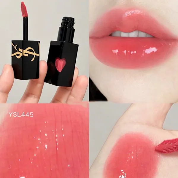 Set Son Kem Yves Saint Laurent YSL The Inks Vinyl Cream Màu 445 Ring Me Pink Hồng Đào + Hộp Quà Limited