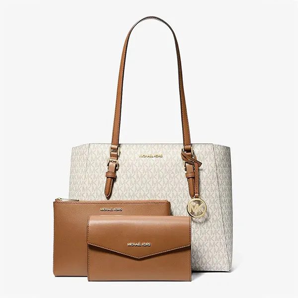 Set Túi Tote Michael Kors MK Charlotte Large 3-in-1 Signature Logo Bag 35F3GCFT9T Màu Trắng Nâu