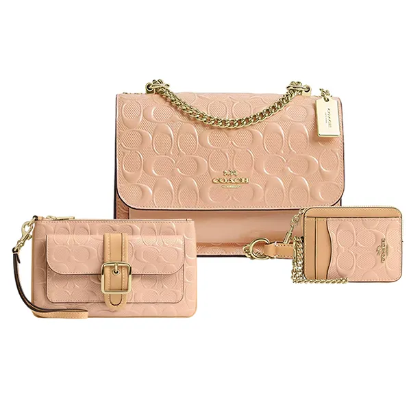 Set Túi + Ví Nữ Coach Signature Leather CEZ24 + CEN12 + CFI29 Màu Hồng Nhạt