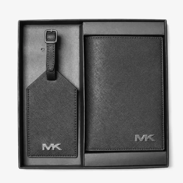 Set Ví Nam Michael Kors MK Saffiano Leather Passport Case And Luggage Tag Màu Đen (Ví + Tag hành lý)