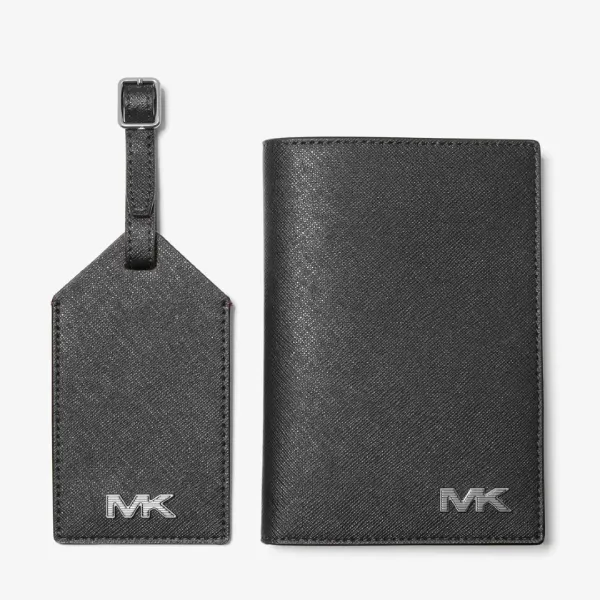Set Ví Nam Michael Kors MK Saffiano Leather Passport Case And Luggage Tag Màu Đen (Ví + Tag hành lý)