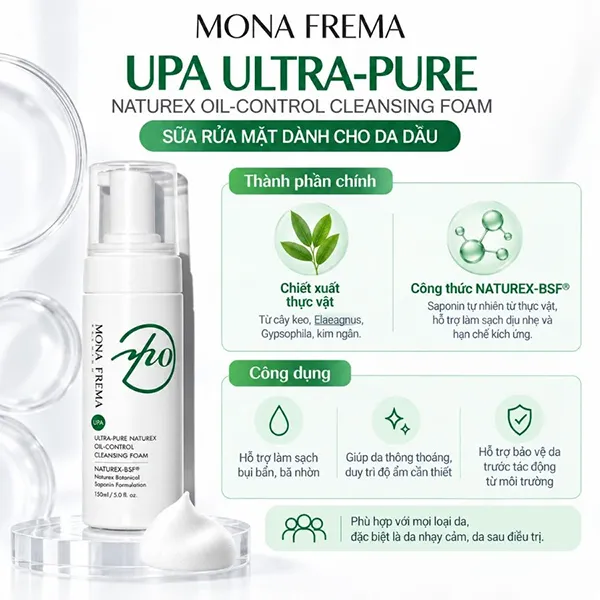 Sữa Rửa Mặt Tạo Bọt Làm Sạch Sâu Mona Prema UPA Ultra Pure Naturex Oil Control Cleansing Foam 150ml