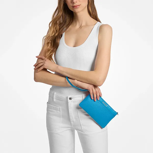 Túi Đeo Vai Nữ Michael Kors MK Jet Set Medium Pebbled Leather Convertible Wristlet 32F5SJ6F6L Màu Xanh Blue