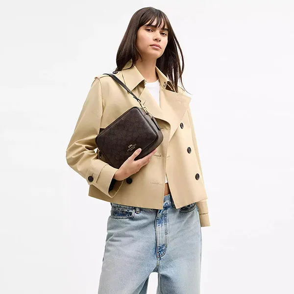 Túi Đeo Chéo Nữ Coach Carey Crossbody Bag In Signature Canvas CEK66 Màu Nâu Đen