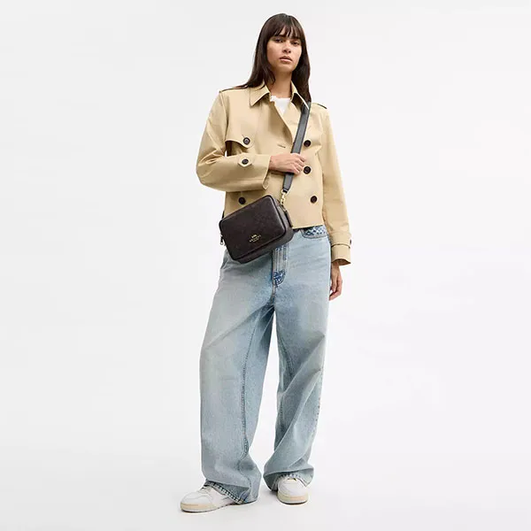 Túi Đeo Chéo Nữ Coach Carey Crossbody Bag In Signature Canvas CEK66 Màu Nâu Đen