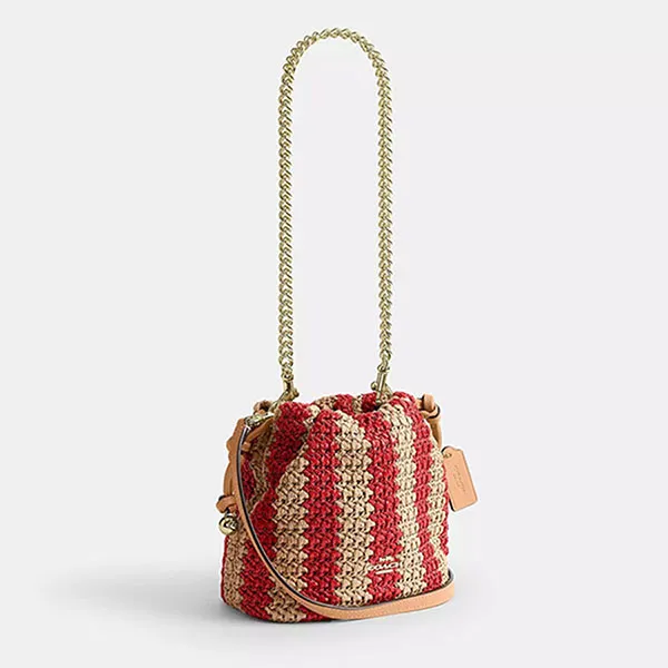 Túi Đeo Chéo Nữ Coach Faye Mini Drawstring Bag With Stripes Straw/ Gold/ Red/ Tan CEN17 Màu Be Đỏ