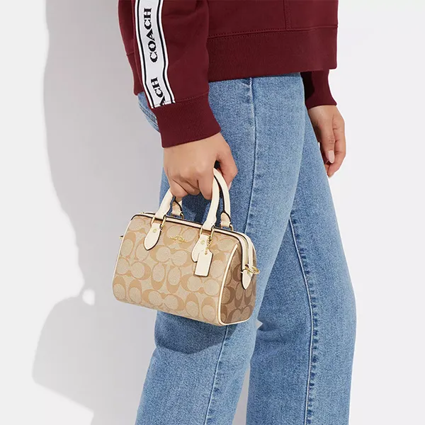 Túi Đeo Chéo Nữ Coach Mini Rowan Satchel In Blocked Signature Canvas CH160 Màu Beige