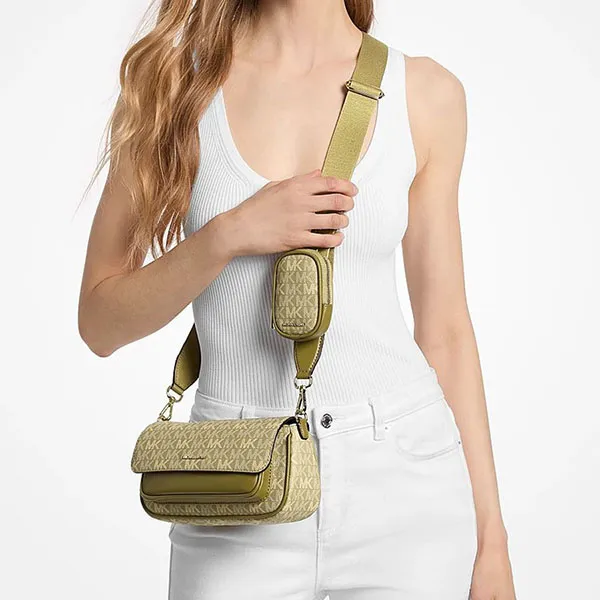 Túi Đeo Chéo Nữ Michael Kors MK Jet Set Travel Small Signature Logo Crossbody Bag With Pouch 35F6GTVC0V Oregano Màu Xanh Rêu