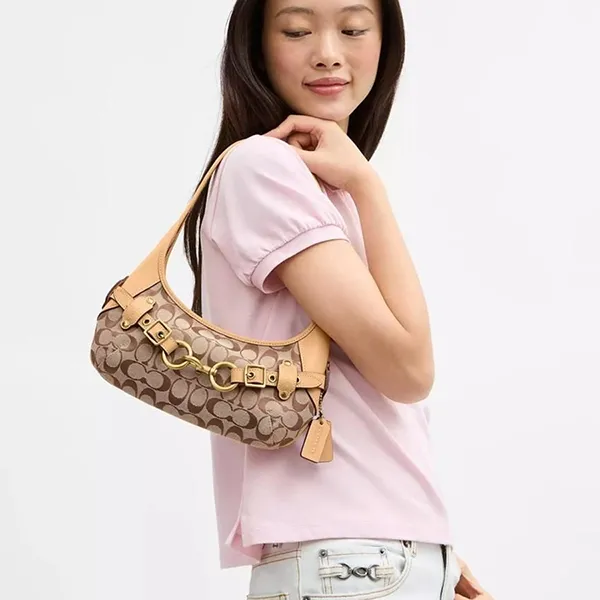 Túi Đeo Vai Nữ Coach Belted Ergo Shoulder Bag 26 In Signature Jacquard Khaki Light Peach CEN87 Màu Nâu Khaki