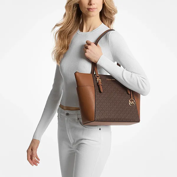 Túi Tote Nữ Michael Kors MK Charlotte Large Logo and Leather Top-Zip Tote Bag 35T0GCFT3B Màu Nâu