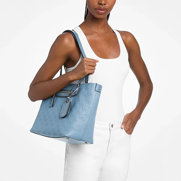 Túi Tote Nữ Michael Kors MK Jet Set Travel Medium Logo Embossed Leather Bag 30S6GTVT6B Màu Xanh