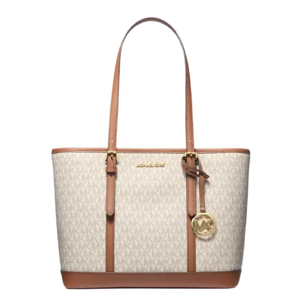 Túi Tote Nữ Michael Kors MK Jet Set Travel Small Logo Top-Zip Tote Bag 35S0GTVT1V Màu Trắng - Nâu