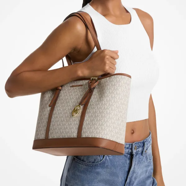 Túi Tote Nữ Michael Kors MK Jet Set Travel Small Logo Top-Zip Tote Bag 35S0GTVT1V Màu Trắng - Nâu