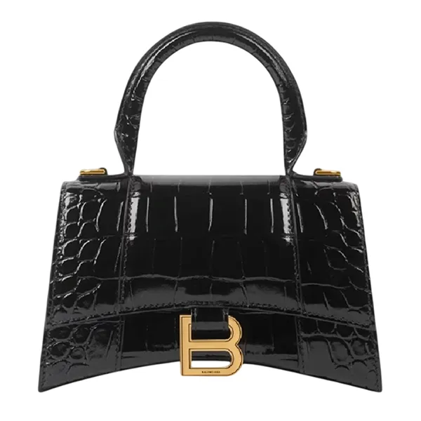 Túi Xách Tay Nữ Balenciaga Hourglass Handbag Crocodile Embossed Black Màu Đen