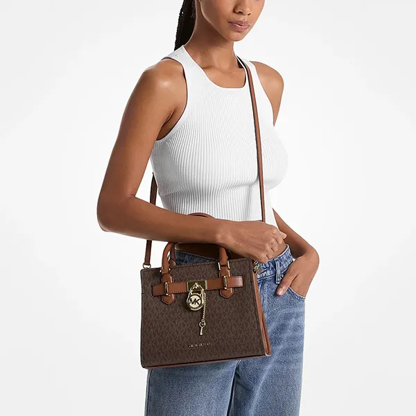 Túi Xách Tay Nữ Michael Kors Hamilton Small Signature Logo Satchel 35F1GHMS1B Màu Nâu