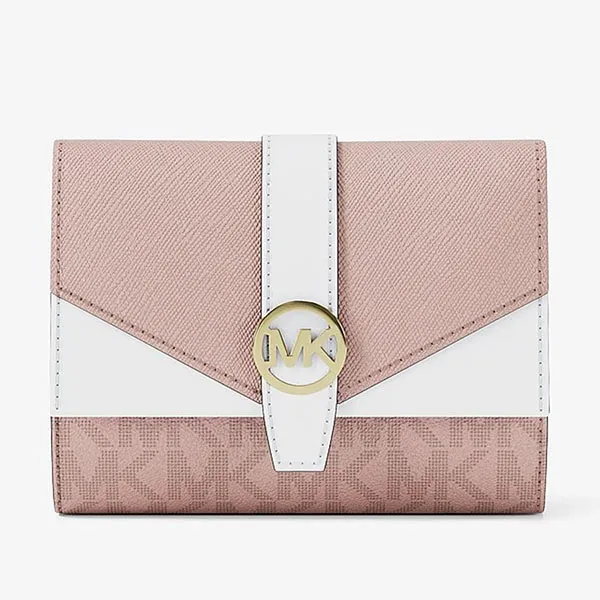 Ví Nữ Michael Kors MK Greenwich Medium Signature Logo Trifold Wallet 35R6GGRE6B Màu Hồng Trắng