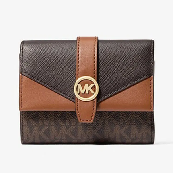 Ví Nữ Michael Kors MK Greenwich Medium Signature Logo Trifold Wallet 35R6GGRE6B Màu Nâu Đen