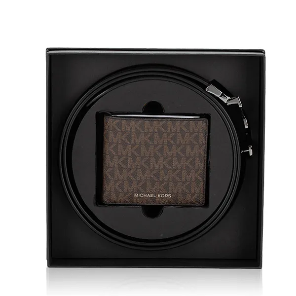 Ví Nam Michael Kors MK Signature Logo Billfold Wallet And Belt Gift Set Màu Nâu