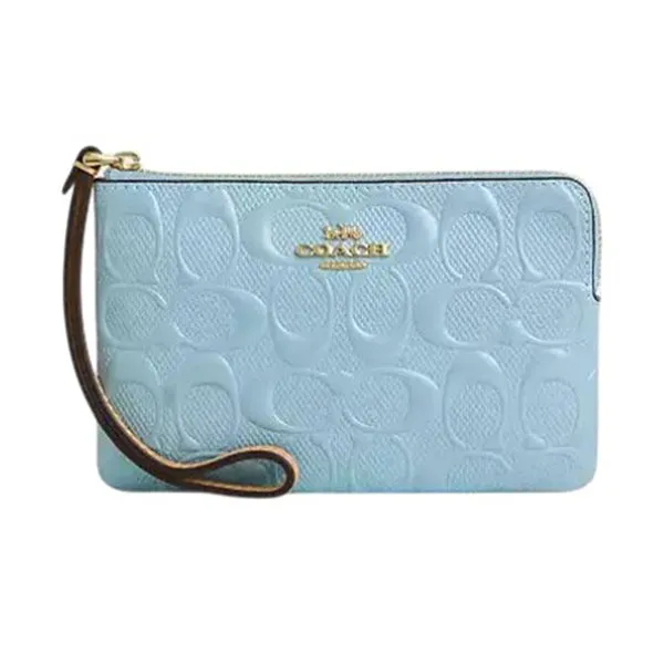 Ví Nữ Coach Corner Zip Wristlet In Signature Leather With Charm CEX36 Màu Xanh Nhạt