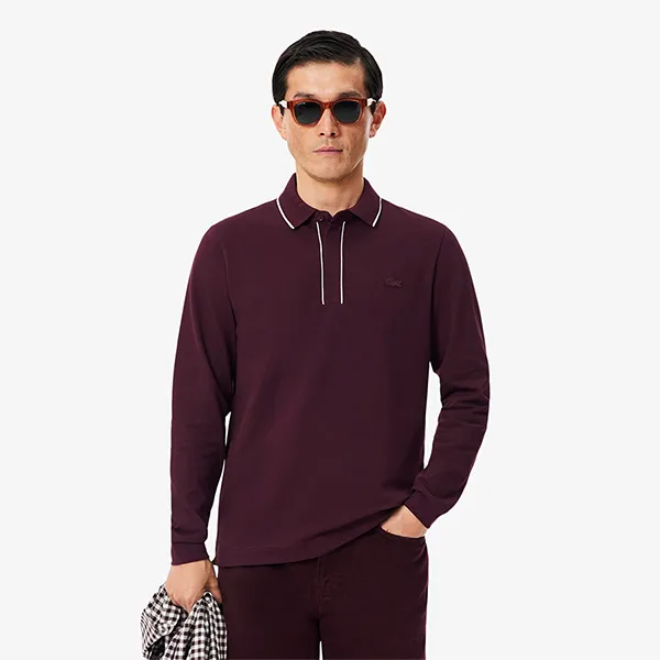 Áo Polo Dài Tay Nam Lacoste Regular Fit Long Sleeved Paris Polo Shirt PH9988 3KE Màu Đỏ Trầm Size 3