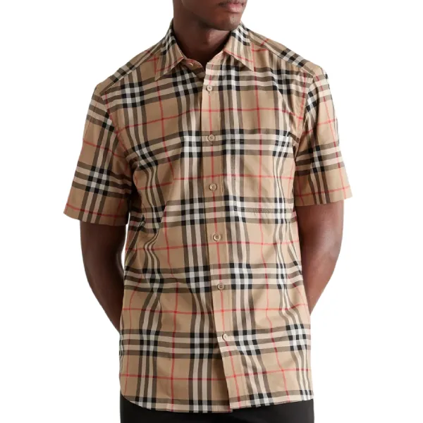 Áo Sơ Mi Cộc Tay Nam Burberry Checked Cotton-Poplin Shirt Màu Be Kẻ Size XS