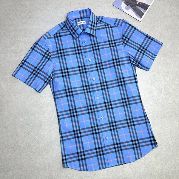 Áo Sơ Mi Cộc Tay Nam Burberry Cotton Ip Check Shirt Màu Xanh Blue Size M