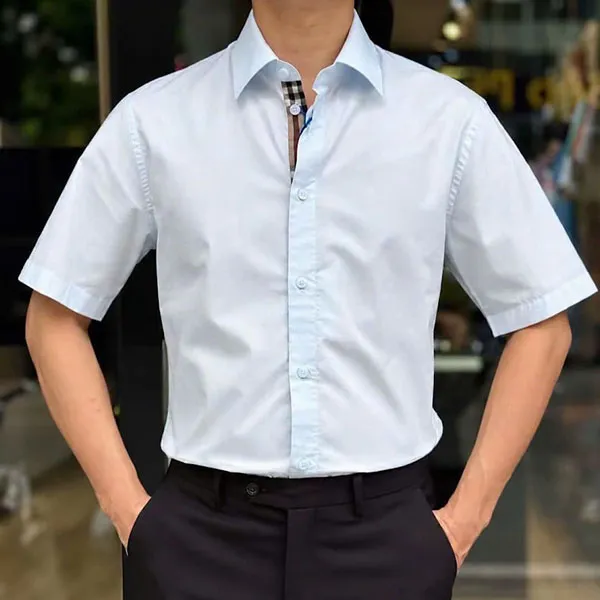 Áo Sơ Mi Cộc Tay Nam Burberry Stretch Cotton Shirt In Blue Màu Xanh Nhạt Size XS (New)