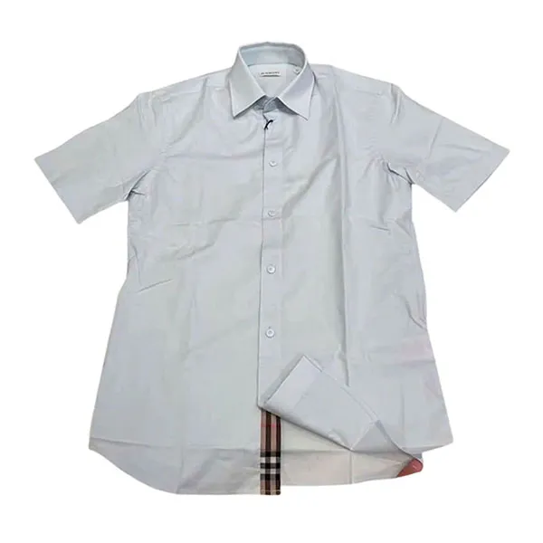 Áo Sơ Mi Cộc Tay Nam Burberry Stretch Cotton Shirt In Blue Màu Xanh Nhạt Size XS (New)