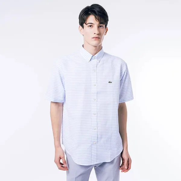 Áo Sơ Mi Cộc Tay Nam Lacoste Cotton-Linen Striped Shirt CH4726 - HBP Màu Xanh Nhạt Size 38