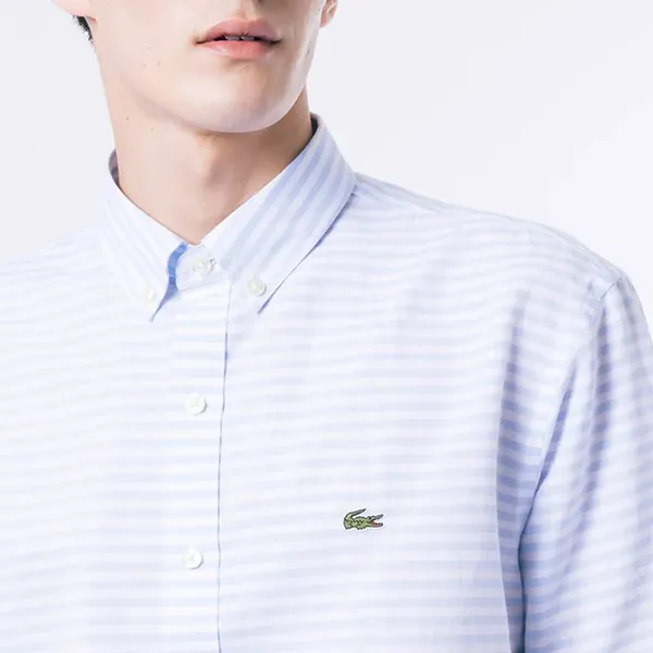 Áo Sơ Mi Cộc Tay Nam Lacoste Cotton-Linen Striped Shirt CH4726 - HBP Màu Xanh Nhạt Size 38