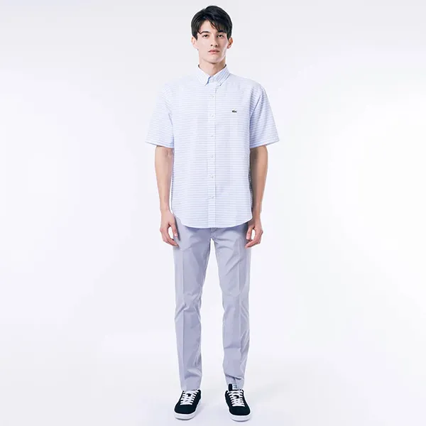 Áo Sơ Mi Cộc Tay Nam Lacoste Cotton-Linen Striped Shirt CH4726 - HBP Màu Xanh Nhạt Size 38