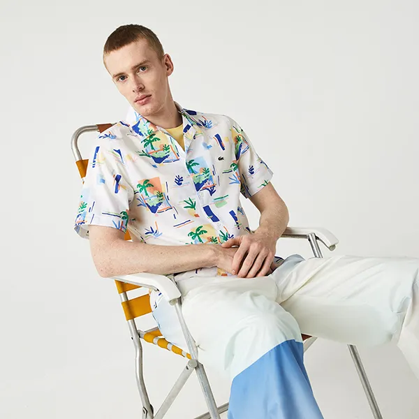 Áo Sơ Mi Cộc Tay Nam Lacoste Print Cotton Voile Hawaiian Shirt CH2610 - SBH Màu Trắng/Xanh Size 38