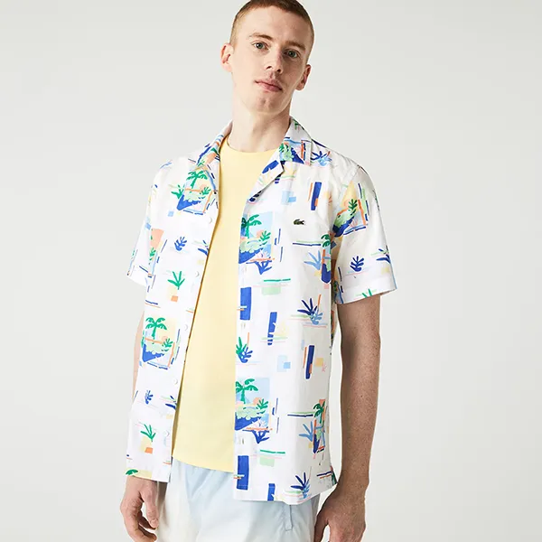 Áo Sơ Mi Cộc Tay Nam Lacoste Print Cotton Voile Hawaiian Shirt CH2610 - SBH Màu Trắng/Xanh Size 38