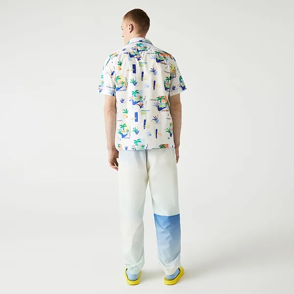 Áo Sơ Mi Cộc Tay Nam Lacoste Print Cotton Voile Hawaiian Shirt CH2610 - SBH Màu Trắng/Xanh Size 38